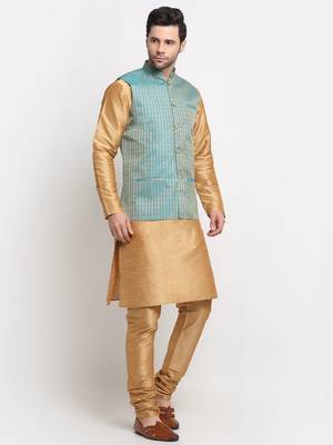 Men Silk Gold Kurta Churidar with Blue Nehru Jacket Set 4