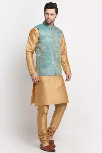 Men Silk Gold Kurta Churidar with Blue Nehru Jacket Set