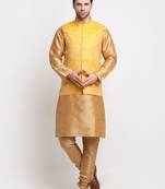 Men Silk Gold Kurta Churidar with Yellow Nehru Jacket Set