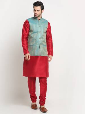 Men Silk Maroon Kurta Churidar with Blue Nehru Jacket Set 1