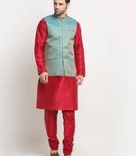Men Silk Maroon Kurta Churidar with Blue Nehru Jacket Set
