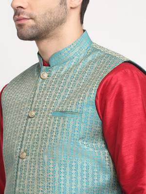 Men Silk Maroon Kurta Churidar with Blue Nehru Jacket Set 2