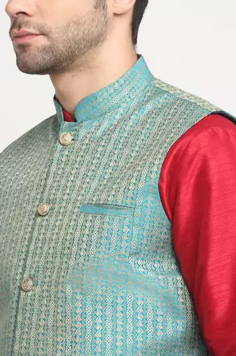 Men Silk Maroon Kurta Churidar with Blue Nehru Jacket Set