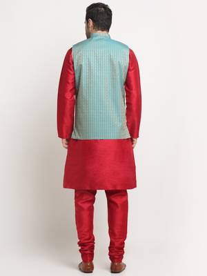 Men Silk Maroon Kurta Churidar with Blue Nehru Jacket Set 3