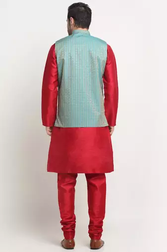 Men Silk Maroon Kurta Churidar with Blue Nehru Jacket Set