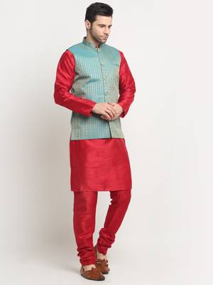 Men Silk Maroon Kurta Churidar with Blue Nehru Jacket Set 4