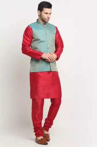 Men Silk Maroon Kurta Churidar with Blue Nehru Jacket Set