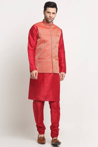 KRAFT INDIA Men Silk Maroon Kurta Churidar with Red Nehru Jacket Set
