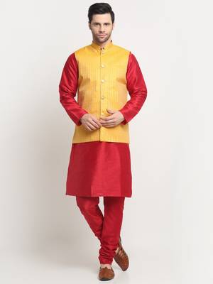 Men Silk Maroon Kurta Churidar with Yellow Nehru Jacket Set 1