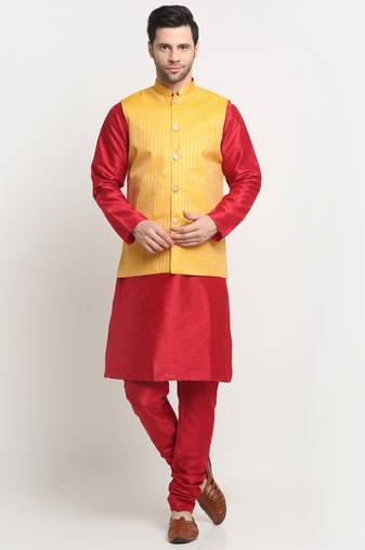 KRAFT INDIA Men Silk Maroon Kurta Churidar with Yellow Nehru Jacket Set