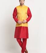 Men Silk Maroon Kurta Churidar with Yellow Nehru Jacket Set