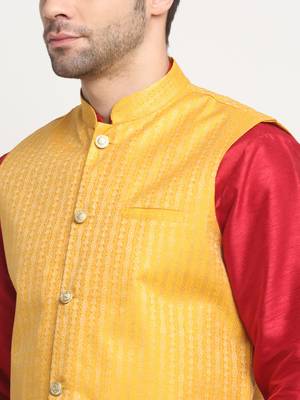 Men Silk Maroon Kurta Churidar with Yellow Nehru Jacket Set 2