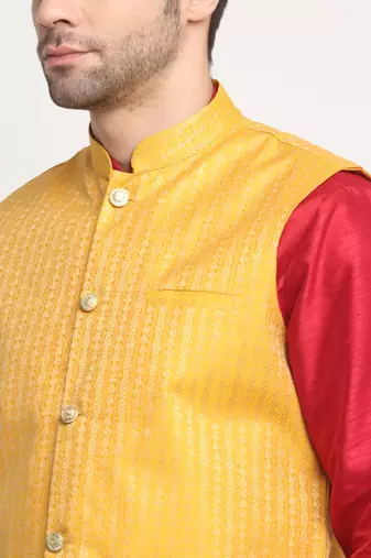Men Silk Maroon Kurta Churidar with Yellow Nehru Jacket Set