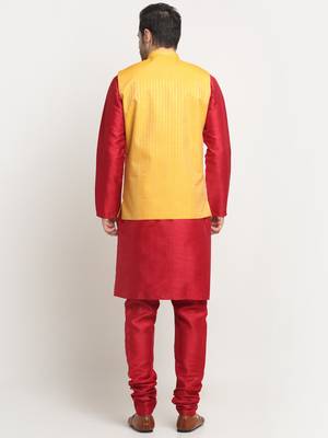 Men Silk Maroon Kurta Churidar with Yellow Nehru Jacket Set 3
