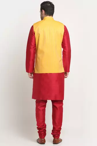 Men Silk Maroon Kurta Churidar with Yellow Nehru Jacket Set