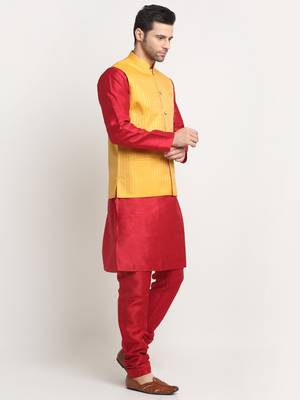 Men Silk Maroon Kurta Churidar with Yellow Nehru Jacket Set 4