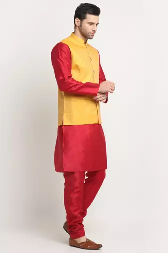 Men Silk Maroon Kurta Churidar with Yellow Nehru Jacket Set