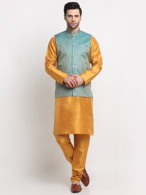 Men Silk Mustard Kurta Churidar with Blue Nehru Jacket Set 1