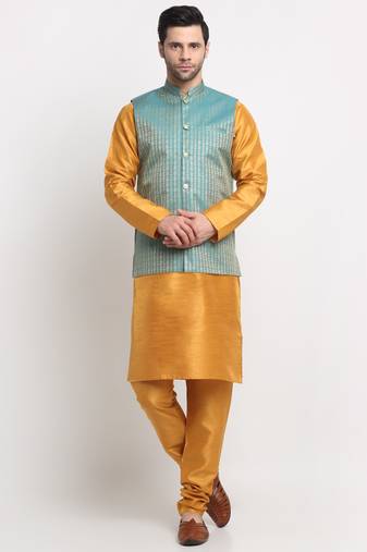 KRAFT INDIA Men Silk Mustard Kurta Churidar with Blue Nehru Jacket Set