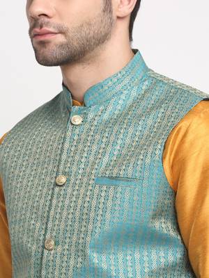 Men Silk Mustard Kurta Churidar with Blue Nehru Jacket Set 2