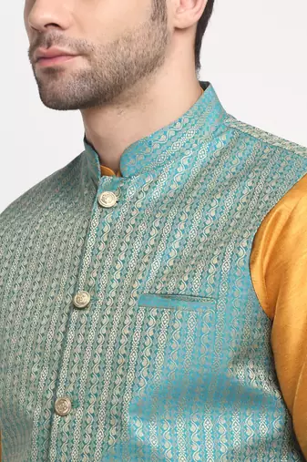 Men Silk Mustard Kurta Churidar with Blue Nehru Jacket Set