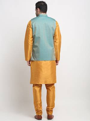Men Silk Mustard Kurta Churidar with Blue Nehru Jacket Set 3