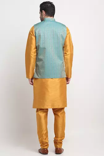 Men Silk Mustard Kurta Churidar with Blue Nehru Jacket Set
