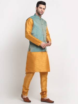 Men Silk Mustard Kurta Churidar with Blue Nehru Jacket Set 4