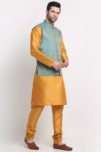 Men Silk Mustard Kurta Churidar with Blue Nehru Jacket Set