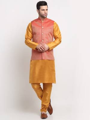 Men Silk Mustard Kurta Churidar with Red Nehru Jacket Set 1