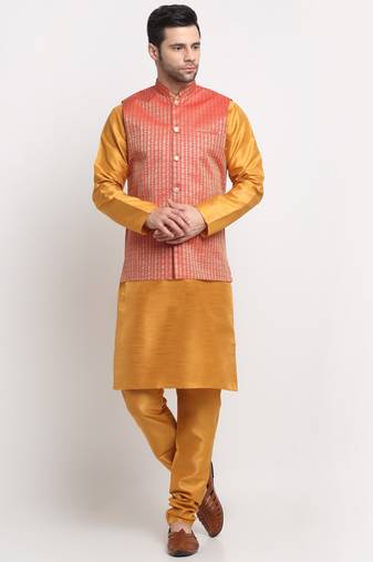 KRAFT INDIA Men Silk Mustard Kurta Churidar with Red Nehru Jacket Set