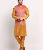 Men Silk Mustard Kurta Churidar with Red Nehru Jacket Set