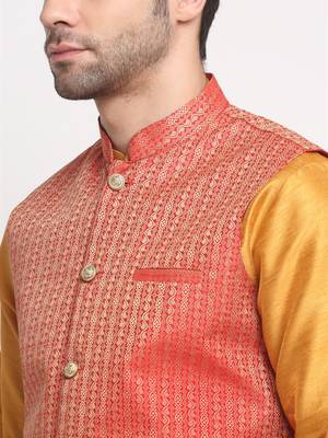Men Silk Mustard Kurta Churidar with Red Nehru Jacket Set 2