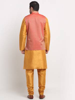 Men Silk Mustard Kurta Churidar with Red Nehru Jacket Set 3