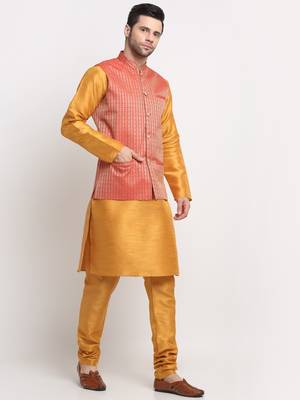 Men Silk Mustard Kurta Churidar with Red Nehru Jacket Set 4