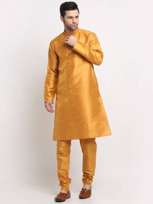Men Silk Mustard Kurta Churidar with Red Nehru Jacket Set 5