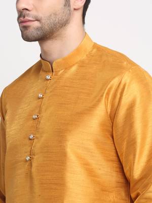 Men Silk Mustard Kurta Churidar with Red Nehru Jacket Set 6