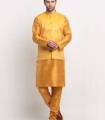 Men Silk Mustard Kurta Churidar with Yellow Nehru Jacket Set