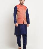 Men Silk Navy Blue Kurta Churidar with Red Nehru Jacket Set