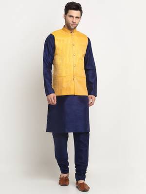Men Silk Navy Blue Kurta Churidar with Yellow Nehru Jacket Set 1