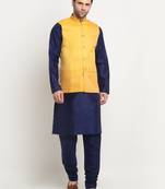 Men Silk Navy Blue Kurta Churidar with Yellow Nehru Jacket Set
