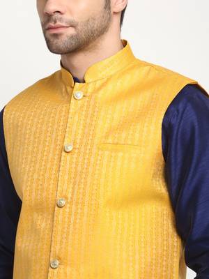 Men Silk Navy Blue Kurta Churidar with Yellow Nehru Jacket Set 2