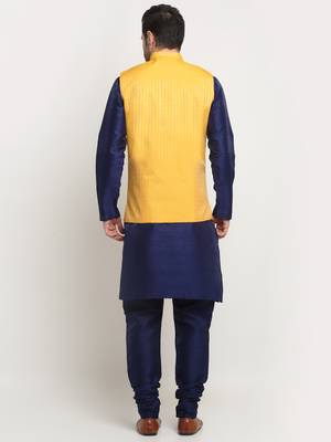 Men Silk Navy Blue Kurta Churidar with Yellow Nehru Jacket Set 3