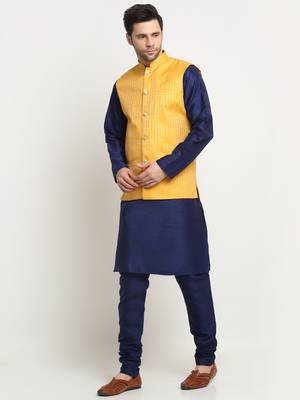 Men Silk Navy Blue Kurta Churidar with Yellow Nehru Jacket Set 4