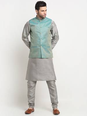 Men Silk Silver Kurta Churidar with Blue Nehru Jacket Set 1