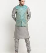 Men Silk Silver Kurta Churidar with Blue Nehru Jacket Set