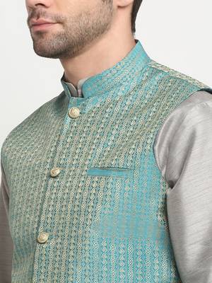 Men Silk Silver Kurta Churidar with Blue Nehru Jacket Set 2