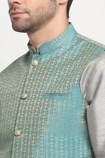 Men Silk Silver Kurta Churidar with Blue Nehru Jacket Set