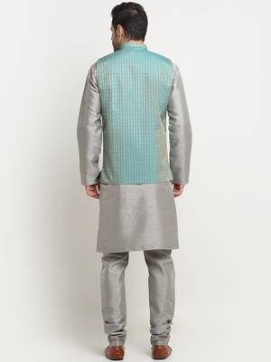 Men Silk Silver Kurta Churidar with Blue Nehru Jacket Set 3