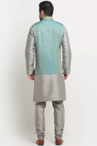 Men Silk Silver Kurta Churidar with Blue Nehru Jacket Set